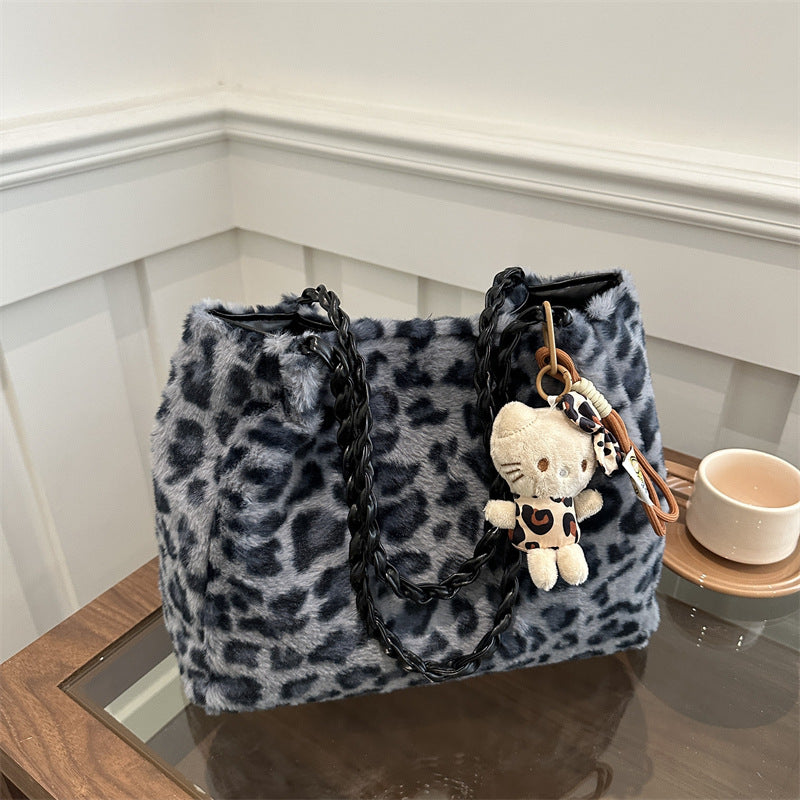 Winter Leopard Print Plush Tote Bag Women's 2024 New Fashionable Chain Shoulder Bag All-match Mao Mao Crossbody Bag - image 2