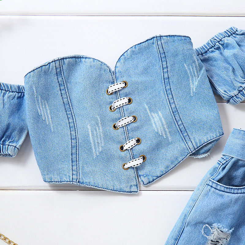 Girls' Off-shoulder Short Sleeve Lace-up Tube Top Denim Ripped Trousers Belt Suit