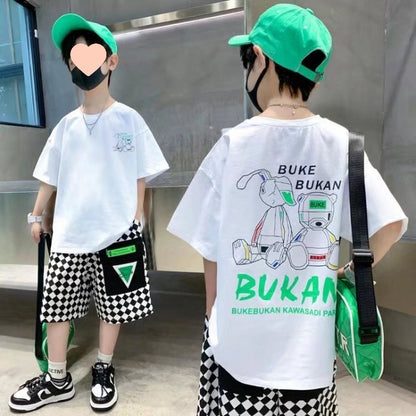 Boys' Fashionable Cartoon Letter Jacket Shorts Two-piece Set