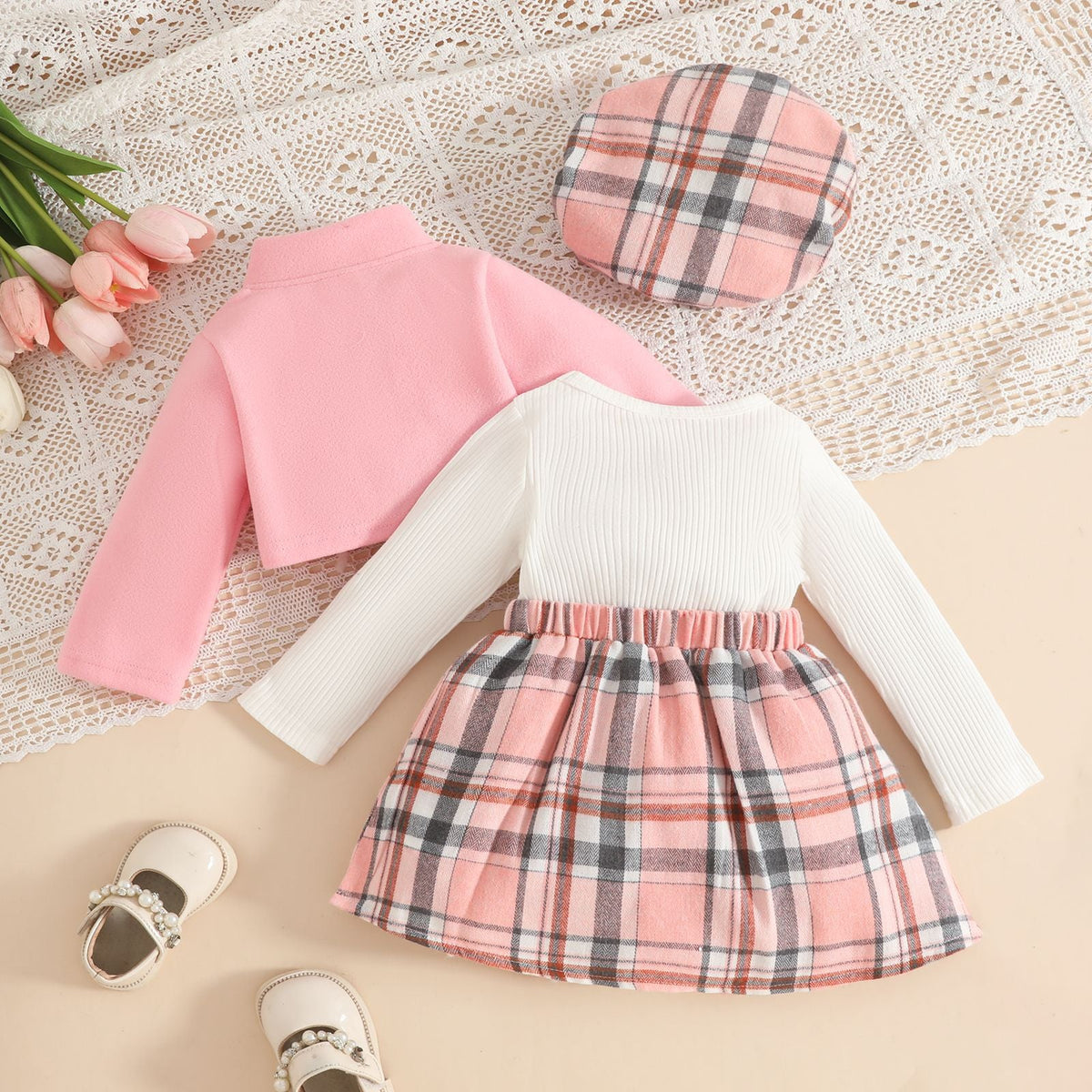 Baby Girl Long Sleeve Stand Collar Wool Coat Plaid Dress Beret Set