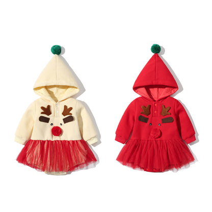 Baby Autumn And Winter Clothes Christmas Romper Hooded Baby Bloomer With Skirt Jumpsuit