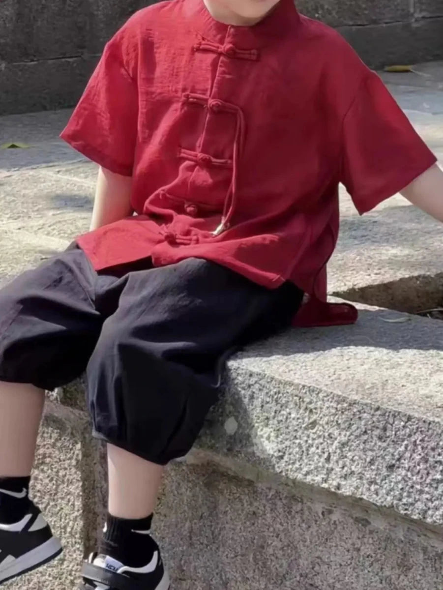 Chidren Clothing Set Casual Boys Summer Chinese Style Short Sleeve Shirt Shorts 2 PCs Set Kids Chinese Traditional Clothing - Mom & Kids