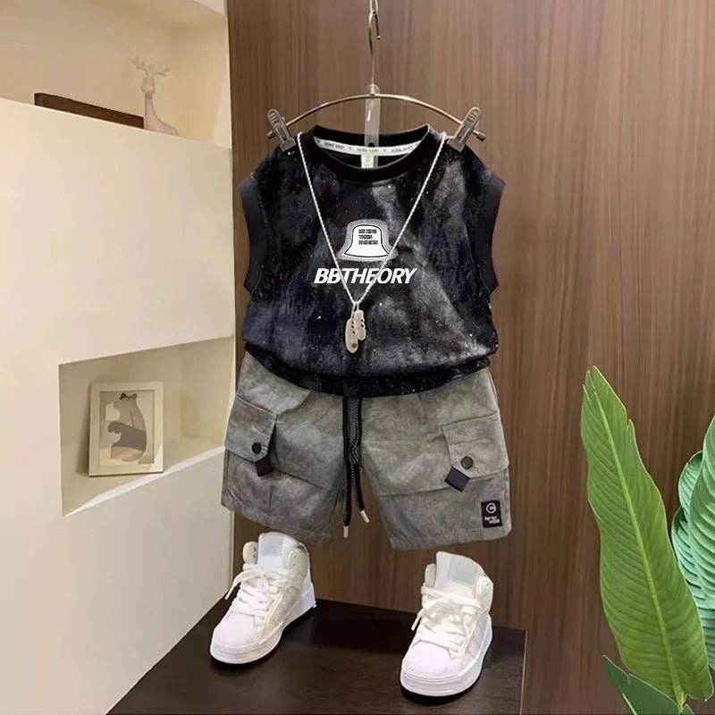 Children Boutique Summer Outfits 2025 New Boys Sleeveless Hat Letter T-Shirt And Pocket Shorts 2pcs Fashion Set Kid Sport Suit - Mom & Kids