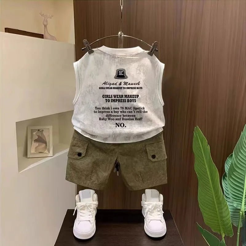 Children Boutique Summer Outfits 2025 New Boys Sleeveless Hat Letter T-Shirt And Pocket Shorts 2pcs Fashion Set Kid Sport Suit - Mom & Kids