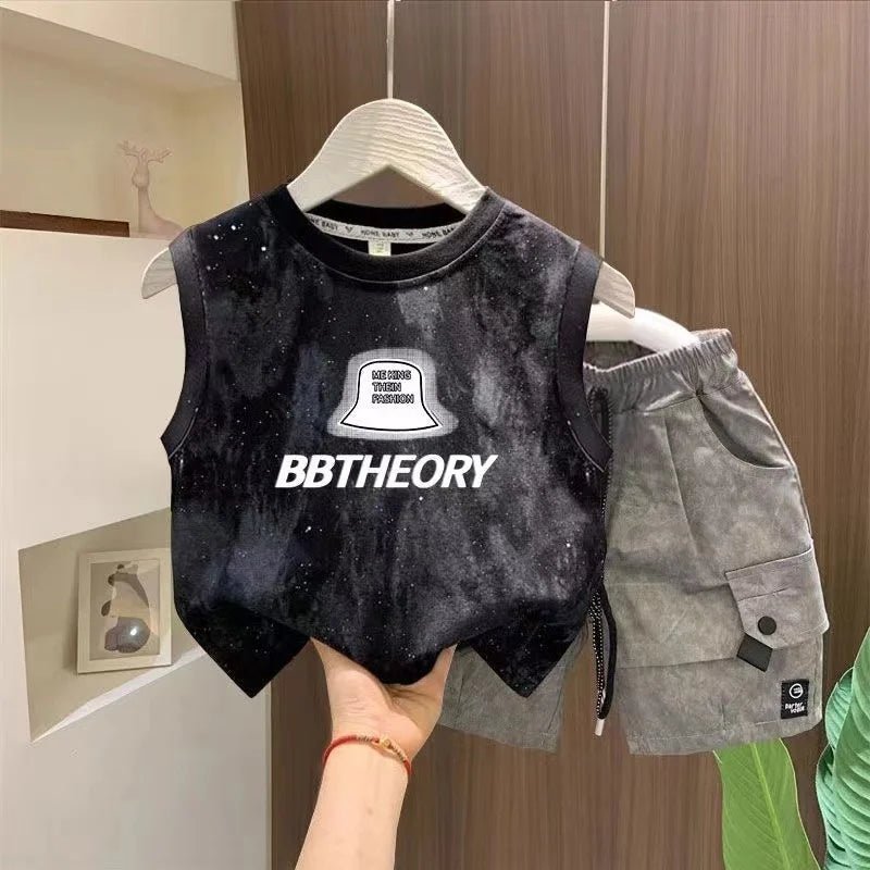Children Boutique Summer Outfits 2025 New Boys Sleeveless Hat Letter T-Shirt And Pocket Shorts 2pcs Fashion Set Kid Sport Suit - Mom & Kids