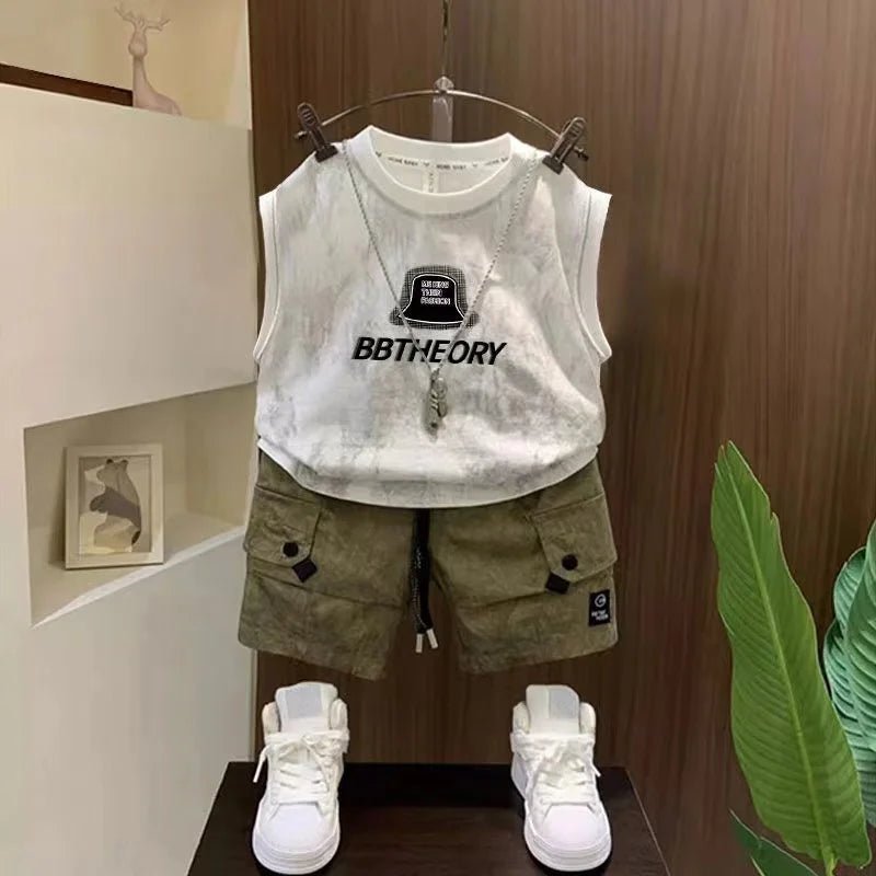 Children Boutique Summer Outfits 2025 New Boys Sleeveless Hat Letter T-Shirt And Pocket Shorts 2pcs Fashion Set Kid Sport Suit - Mom & Kids