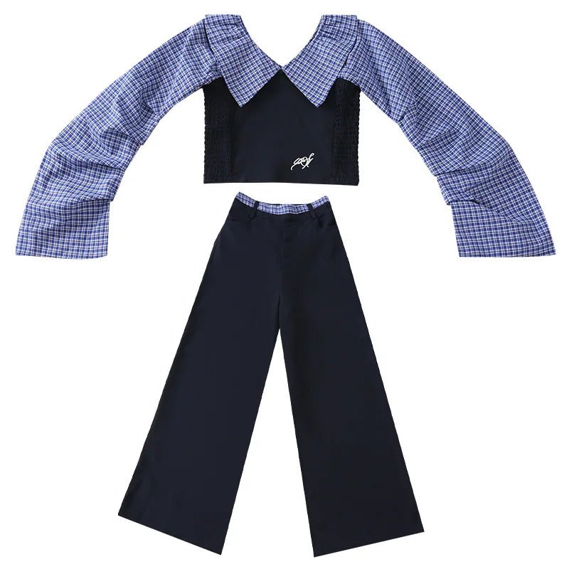 Children Girls Clothing Set Spring Autumn Plaid Long Sleeve Patchwork Shirts + Pants 2pcs School Kids Suit for Teen Girl Clothes - Mom & Kids
