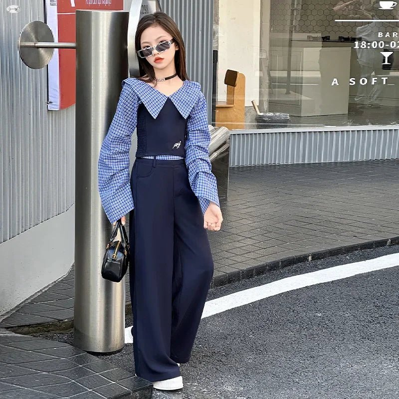 Children Girls Clothing Set Spring Autumn Plaid Long Sleeve Patchwork Shirts + Pants 2pcs School Kids Suit for Teen Girl Clothes - Mom & Kids