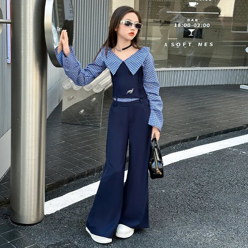 Children Girls Clothing Set Spring Autumn Plaid Long Sleeve Patchwork Shirts + Pants 2pcs School Kids Suit for Teen Girl Clothes - Mom & Kids