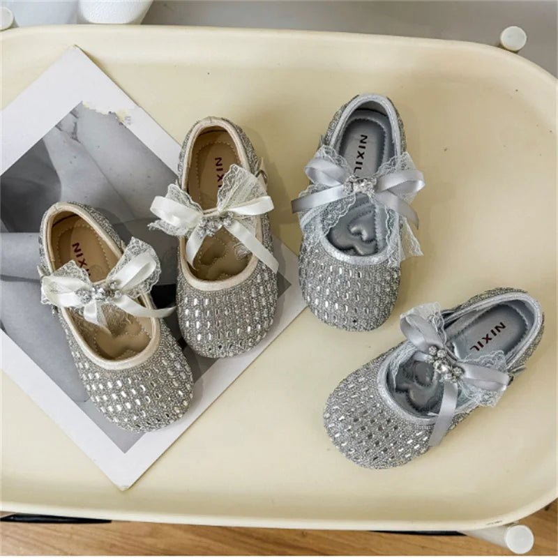 Children Shoes For Girls Leather Bow Rhinestone Princess Shoes Soft Sole Outdoor Fashion Kids Sneakers EU 26-33 - Mom & Kids