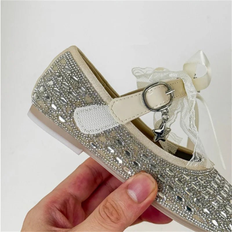 Children Shoes For Girls Leather Bow Rhinestone Princess Shoes Soft Sole Outdoor Fashion Kids Sneakers EU 26-33 - Mom & Kids