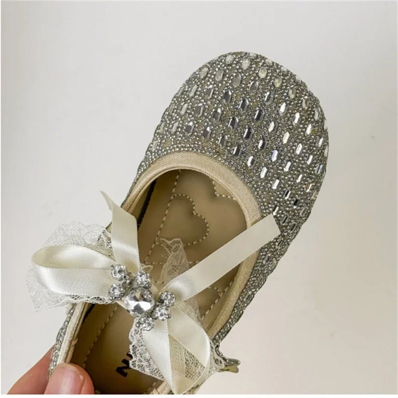 Children Shoes For Girls Leather Bow Rhinestone Princess Shoes Soft Sole Outdoor Fashion Kids Sneakers EU 26-33 - Mom & Kids