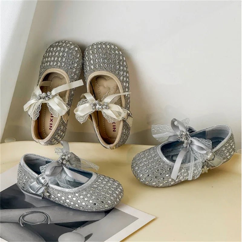 Children Shoes For Girls Leather Bow Rhinestone Princess Shoes Soft Sole Outdoor Fashion Kids Sneakers EU 26-33 - Mom & Kids
