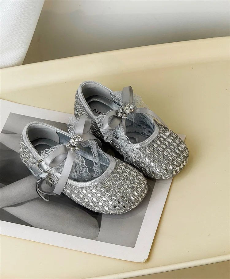 Children Shoes For Girls Leather Bow Rhinestone Princess Shoes Soft Sole Outdoor Fashion Kids Sneakers EU 26-33 - Mom & Kids