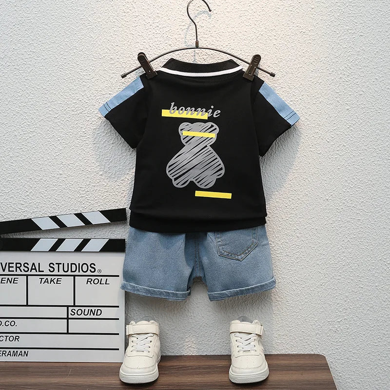 Children Summer Fashion Baby Boys Clothes Cartoon Bear T-shirt Denim Shorts 2pcs/sets Kids Outfits Costume Casual Sports Suit - Mom & Kids