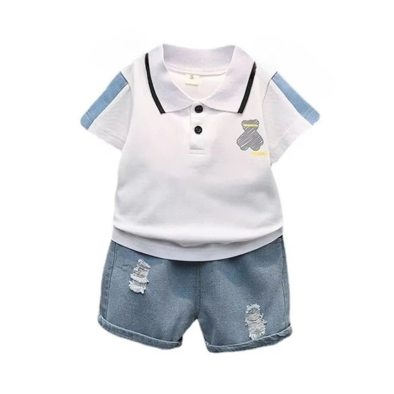 Children Summer Fashion Baby Boys Clothes Cartoon Bear T-shirt Denim Shorts 2pcs/sets Kids Outfits Costume Casual Sports Suit - Mom & Kids
