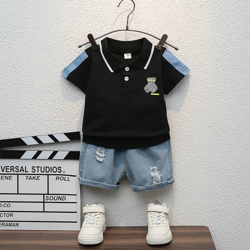 Children Summer Fashion Baby Boys Clothes Cartoon Bear T-shirt Denim Shorts 2pcs/sets Kids Outfits Costume Casual Sports Suit - Mom & Kids