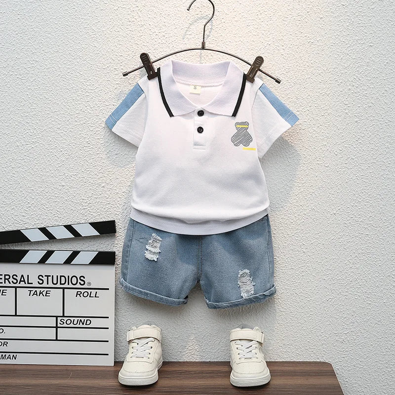 Children Summer Fashion Baby Boys Clothes Cartoon Bear T-shirt Denim Shorts 2pcs/sets Kids Outfits Costume Casual Sports Suit - Mom & Kids