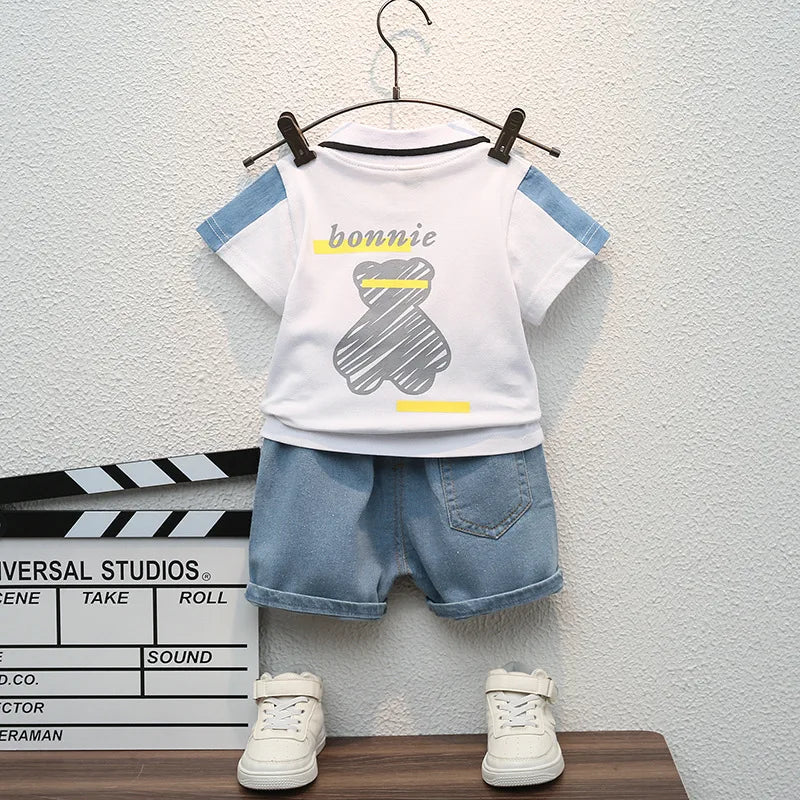 Children Summer Fashion Baby Boys Clothes Cartoon Bear T-shirt Denim Shorts 2pcs/sets Kids Outfits Costume Casual Sports Suit - Mom & Kids