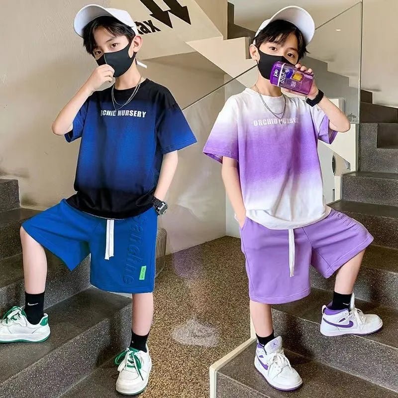 Children's Boy Clothes Set Summer Gradient Letter T-shirts and Shorts Suit Teenage Short Sleeve Top Bottom 2 Pieces Tracksuit - Mom & Kids