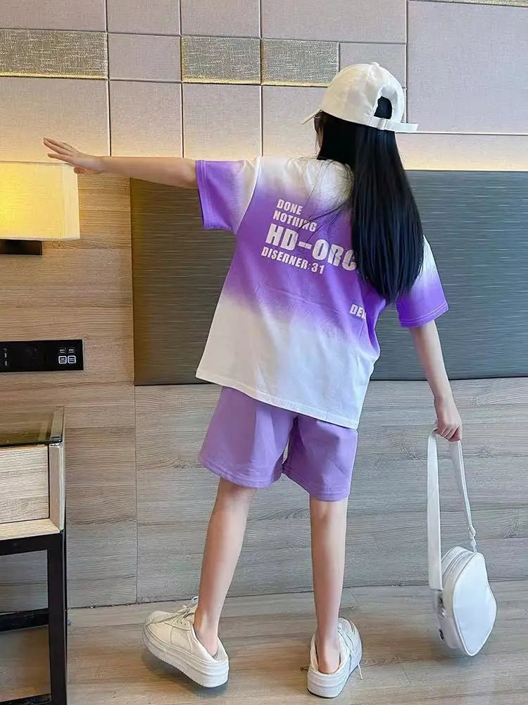 Children's Boy Clothes Set Summer Gradient Letter T-shirts and Shorts Suit Teenage Short Sleeve Top Bottom 2 Pieces Tracksuit - Mom & Kids