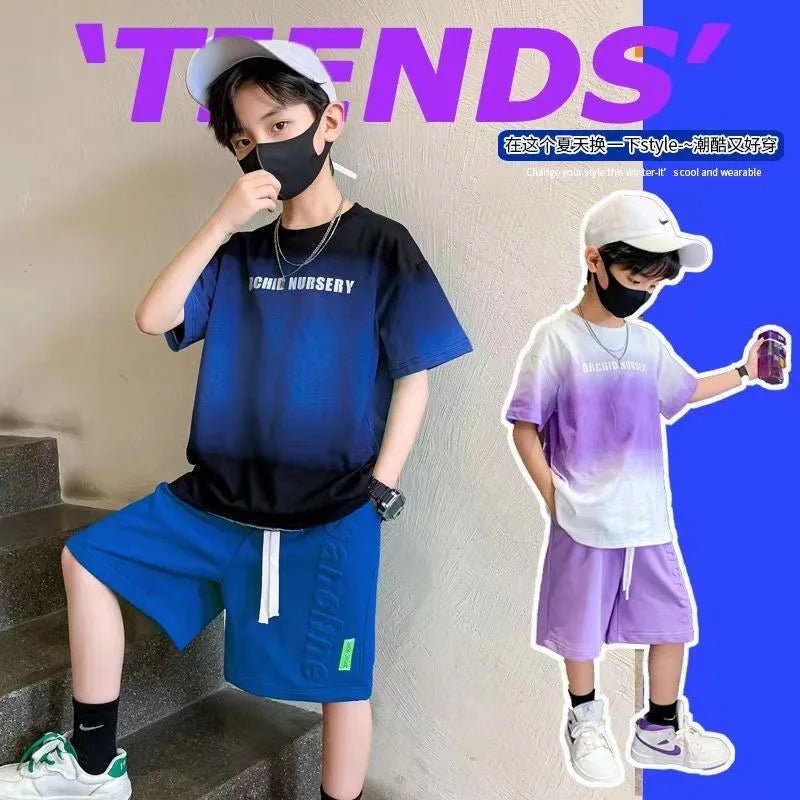 Children's Boy Clothes Set Summer Gradient Letter T-shirts and Shorts Suit Teenage Short Sleeve Top Bottom 2 Pieces Tracksuit - Mom & Kids