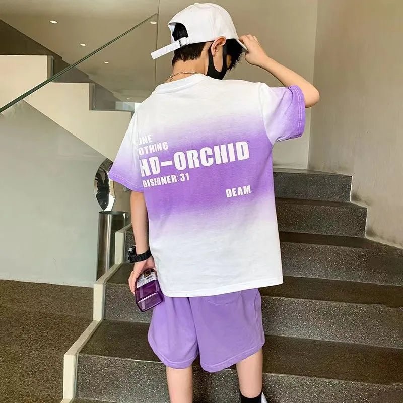 Children's Boy Clothes Set Summer Gradient Letter T-shirts and Shorts Suit Teenage Short Sleeve Top Bottom 2 Pieces Tracksuit - Mom & Kids