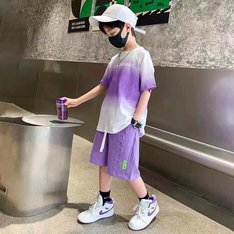 Children's Boy Clothes Set Summer Gradient Letter T-shirts and Shorts Suit Teenage Short Sleeve Top Bottom 2 Pieces Tracksuit - Mom & Kids