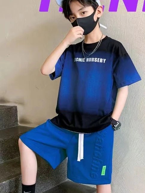 Children's Boy Clothes Set Summer Gradient Letter T-shirts and Shorts Suit Teenage Short Sleeve Top Bottom 2 Pieces Tracksuit - Mom & Kids