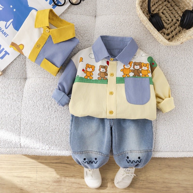 Children's Clothing 2025 Korean Style Spring Boy's Bear Shirt Two-Piece Long-Sleeved Jeans Children's suit Hair - Mom & Kids