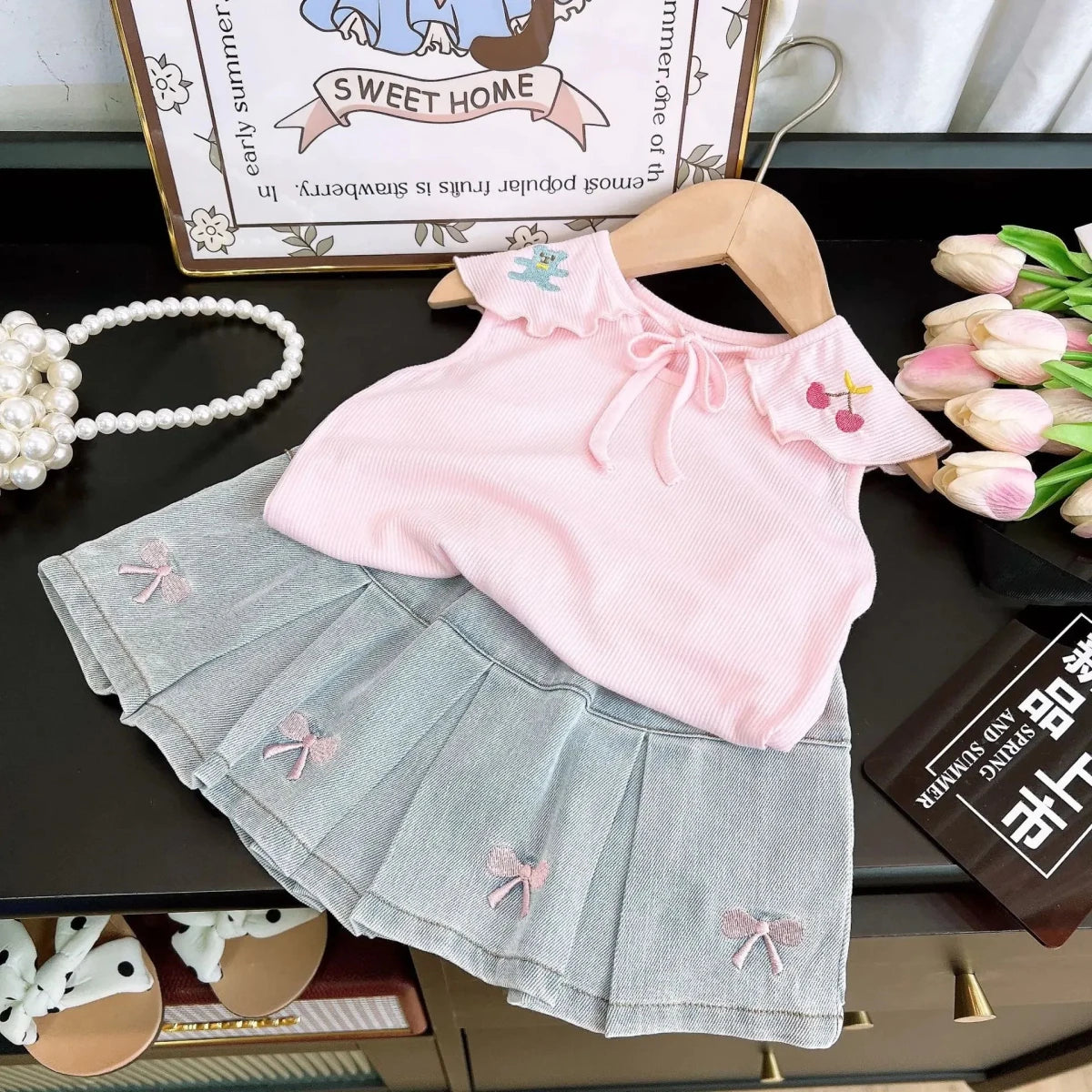 Children's Clothing Sets Cartoon Embroidered Lapel Sleeveless Top + Bow Embroidered Denim Skirt 2pcs Baby Girl Outfit Set - Mom & Kids