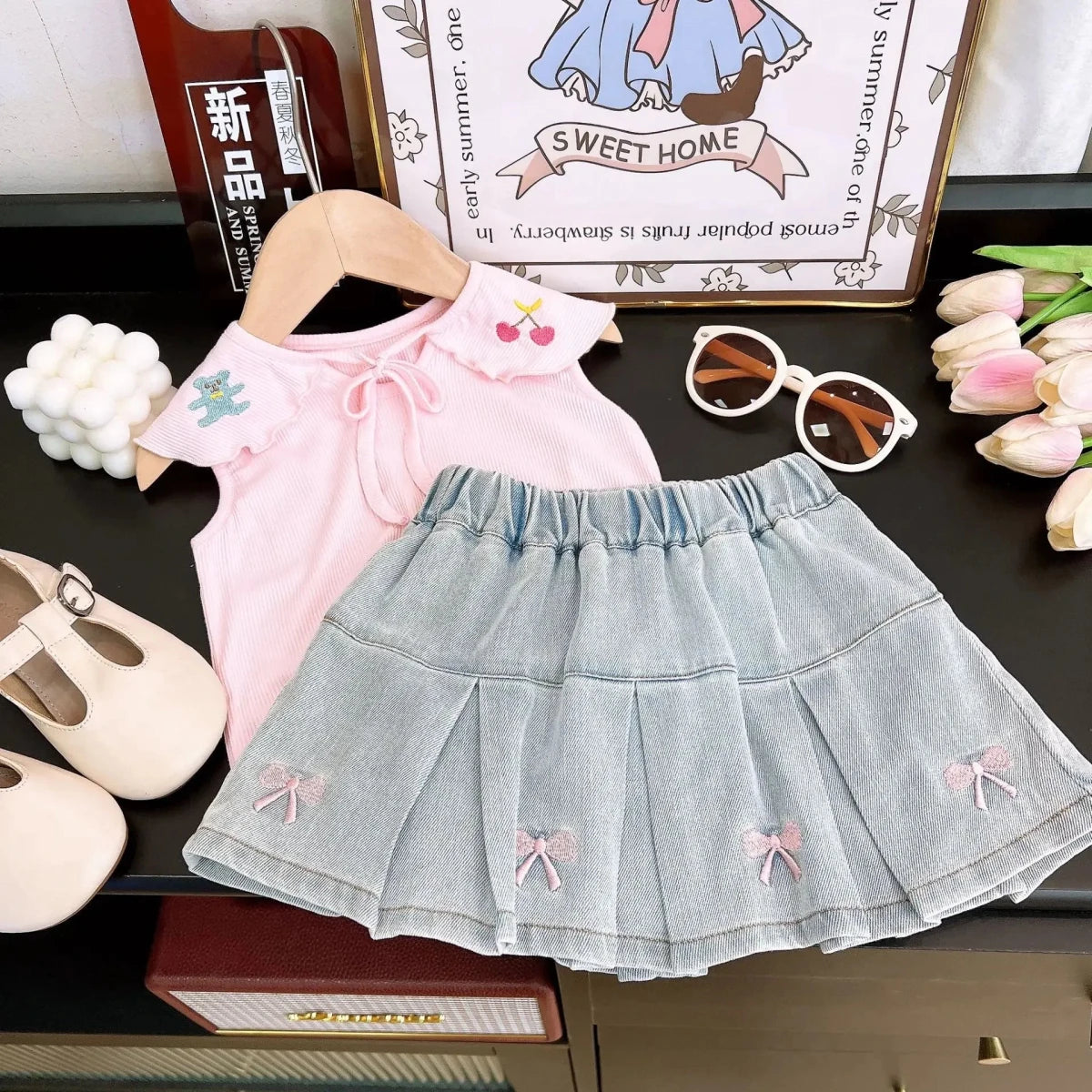 Children's Clothing Sets Cartoon Embroidered Lapel Sleeveless Top + Bow Embroidered Denim Skirt 2pcs Baby Girl Outfit Set - Mom & Kids