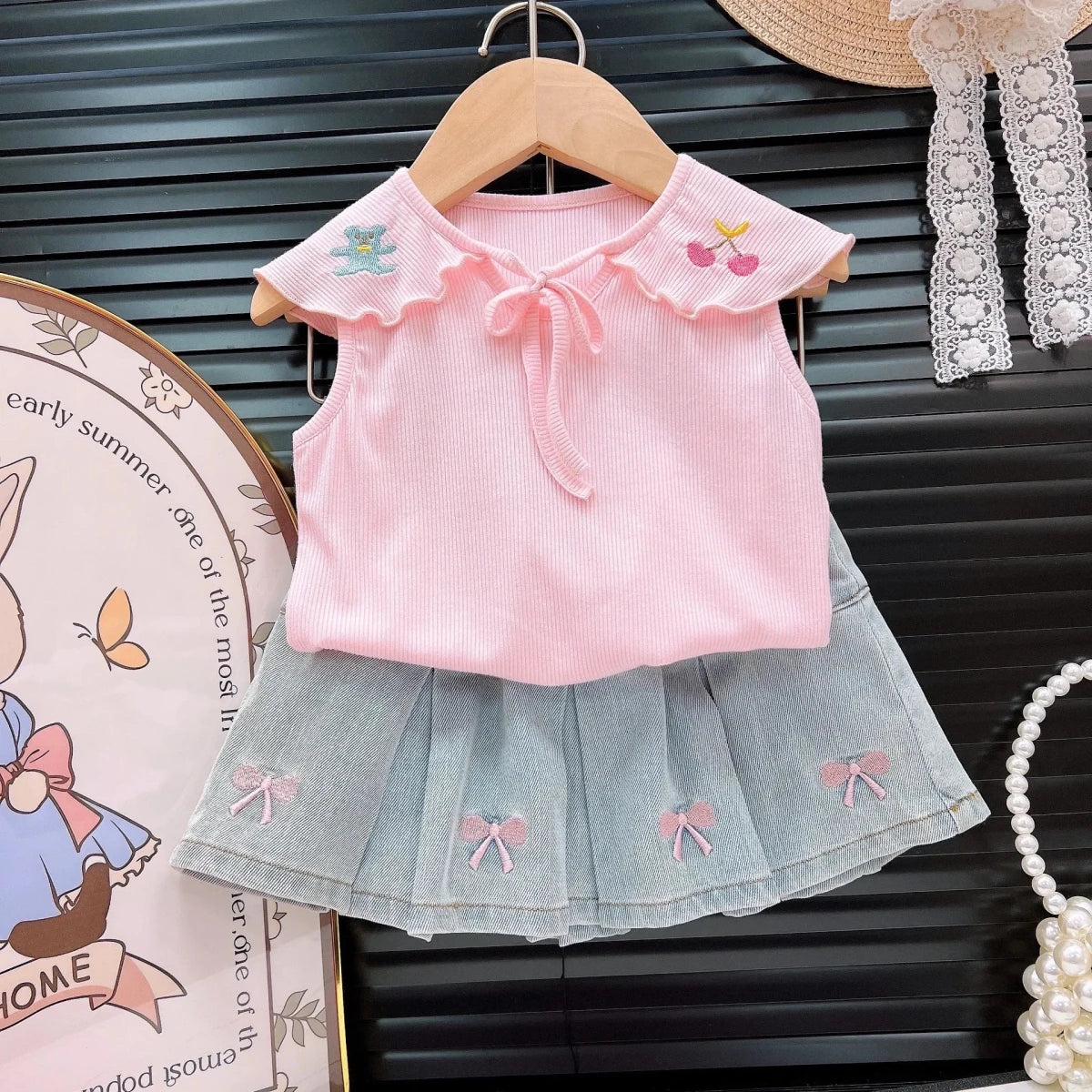 Children's Clothing Sets Cartoon Embroidered Lapel Sleeveless Top + Bow Embroidered Denim Skirt 2pcs Baby Girl Outfit Set - Mom & Kids