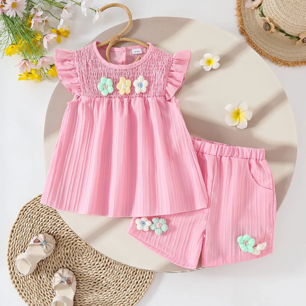 Children's Clothing Sets Small Flower Sleeveless Top + Bow Shorts 2pcs Sets Toddler Girl Clothes Kids Boutique Clothes - Mom & Kids