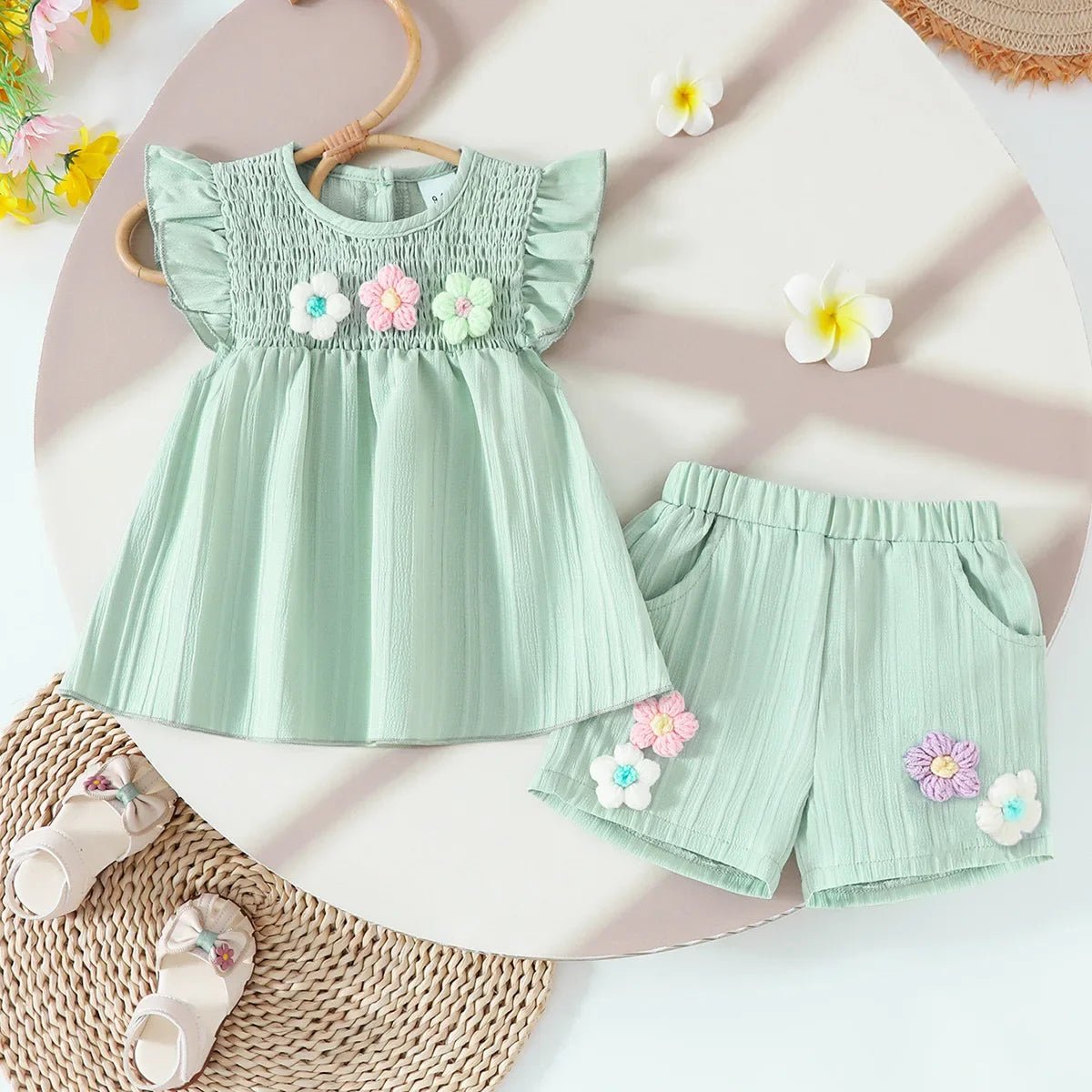 Children's Clothing Sets Small Flower Sleeveless Top + Bow Shorts 2pcs Sets Toddler Girl Clothes Kids Boutique Clothes - Mom & Kids