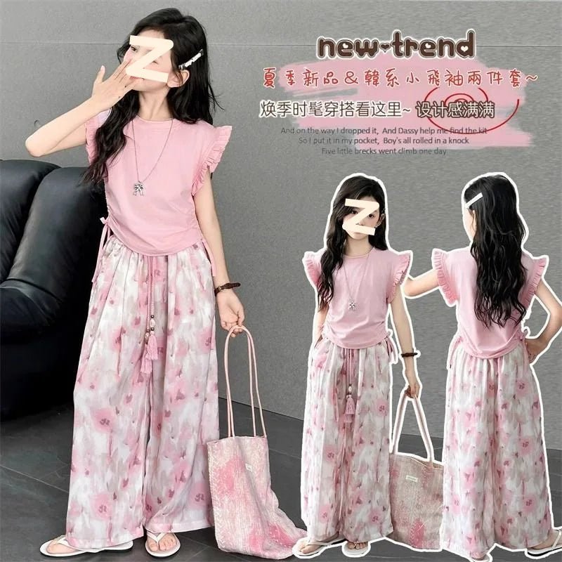 Children's Sets Girls Summer Thin Wide Leg Pants Set: Korean Trendy T-Shirt Two-Piece for Big Kids - Mom & Kids