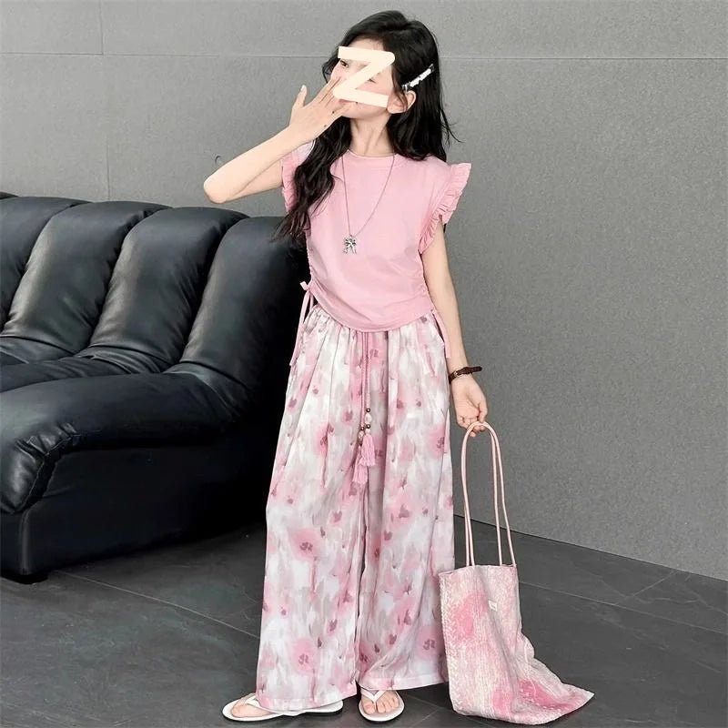 Children's Sets Girls Summer Thin Wide Leg Pants Set: Korean Trendy T-Shirt Two-Piece for Big Kids - Mom & Kids