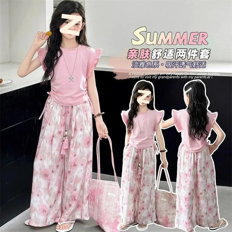 Children's Sets Girls Summer Thin Wide Leg Pants Set: Korean Trendy T-Shirt Two-Piece for Big Kids - Mom & Kids