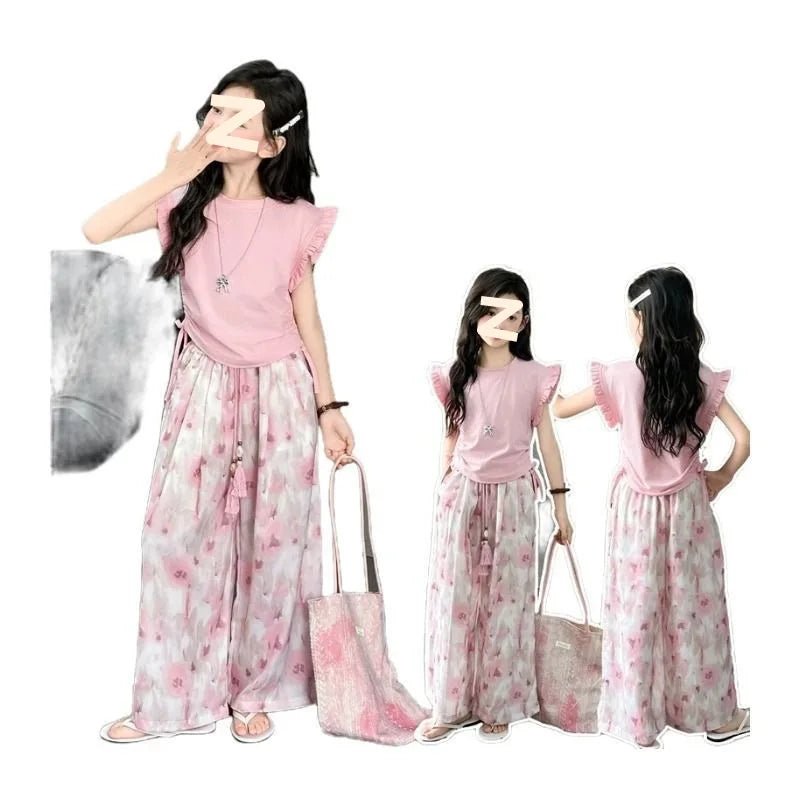 Children's Sets Girls Summer Thin Wide Leg Pants Set: Korean Trendy T-Shirt Two-Piece for Big Kids - Mom & Kids
