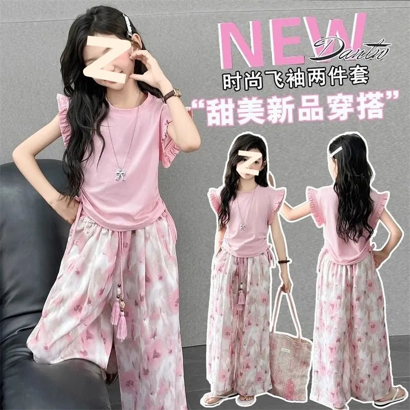 Children's Sets Girls Summer Thin Wide Leg Pants Set: Korean Trendy T-Shirt Two-Piece for Big Kids - Mom & Kids