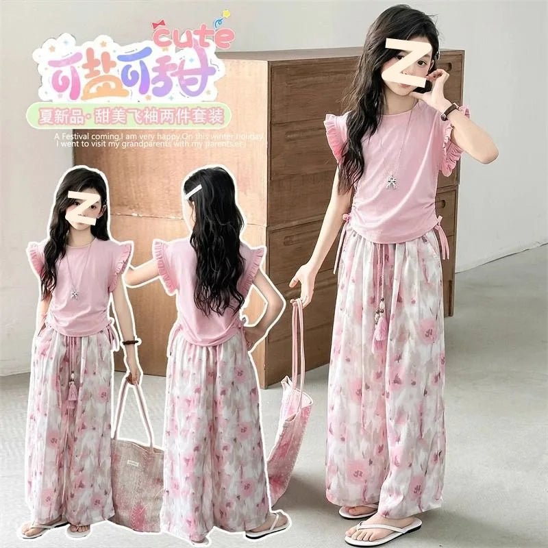 Children's Sets Girls Summer Thin Wide Leg Pants Set: Korean Trendy T-Shirt Two-Piece for Big Kids - Mom & Kids