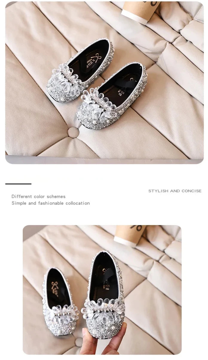 Children's Shoe for Girl Fashion Rhinestone Kids Leather Shoes Sequins Princess Ballet Slip-on Versatile Toddler Casual Shoes - Mom & Kids