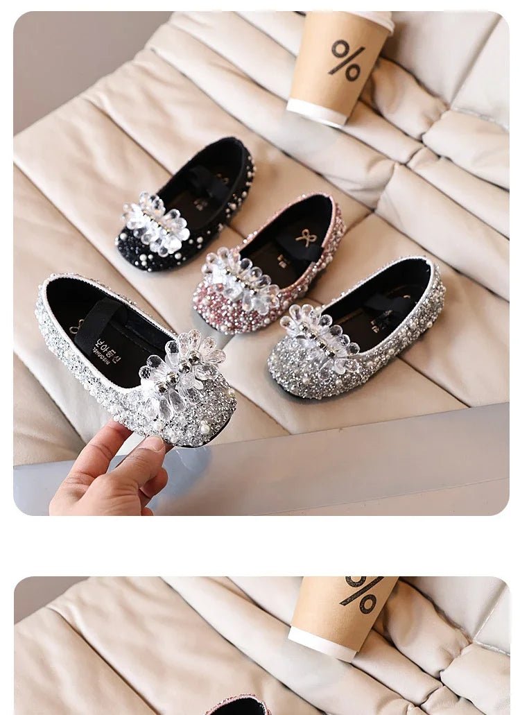 Children's Shoe for Girl Fashion Rhinestone Kids Leather Shoes Sequins Princess Ballet Slip-on Versatile Toddler Casual Shoes - Mom & Kids