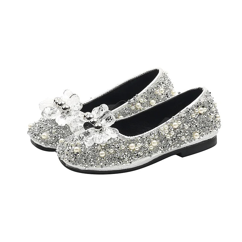 Children's Shoe for Girl Fashion Rhinestone Kids Leather Shoes Sequins Princess Ballet Slip-on Versatile Toddler Casual Shoes - Mom & Kids