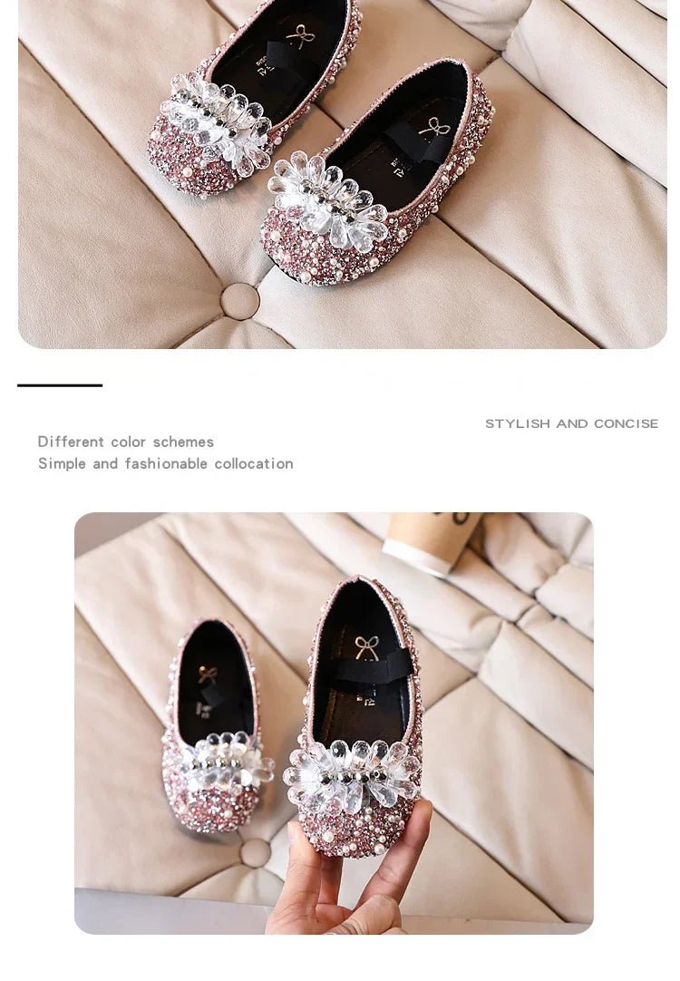 Children's Shoe for Girl Fashion Rhinestone Kids Leather Shoes Sequins Princess Ballet Slip-on Versatile Toddler Casual Shoes - Mom & Kids