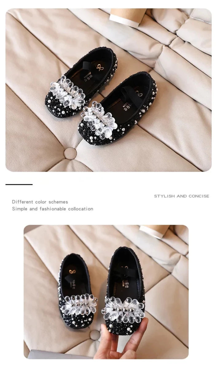 Children's Shoe for Girl Fashion Rhinestone Kids Leather Shoes Sequins Princess Ballet Slip-on Versatile Toddler Casual Shoes - Mom & Kids