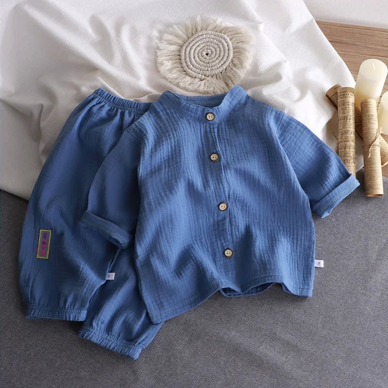 Children's Stand Collar Solid Cotton Set Kids Boy Homewear Clothes Children Clothing Casual Long Pants Set Daily - Mom & Kids