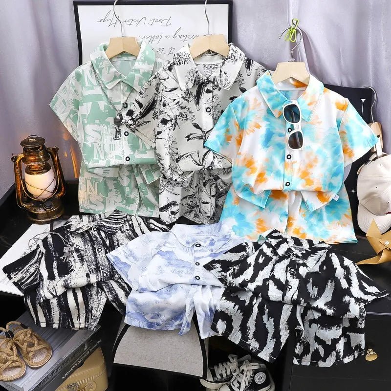 Childrens Summer Beach Outfit Boys Short Sleeve Shirt and Shorts Two Piece Set Casual Baby Clothes Toddler Clothing - Mom & Kids