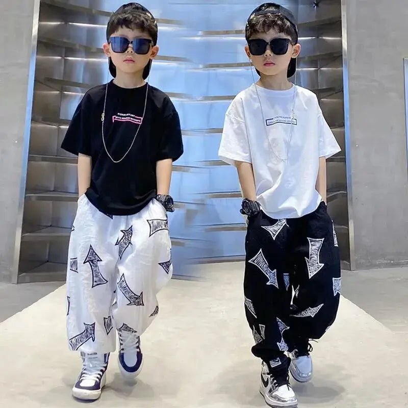 Children's Summer Set Korean Version Boy Hip Hop Loose Short Sleeve T-shirt Casual Mosquito Pants 2-piece Set - Mom & Kids