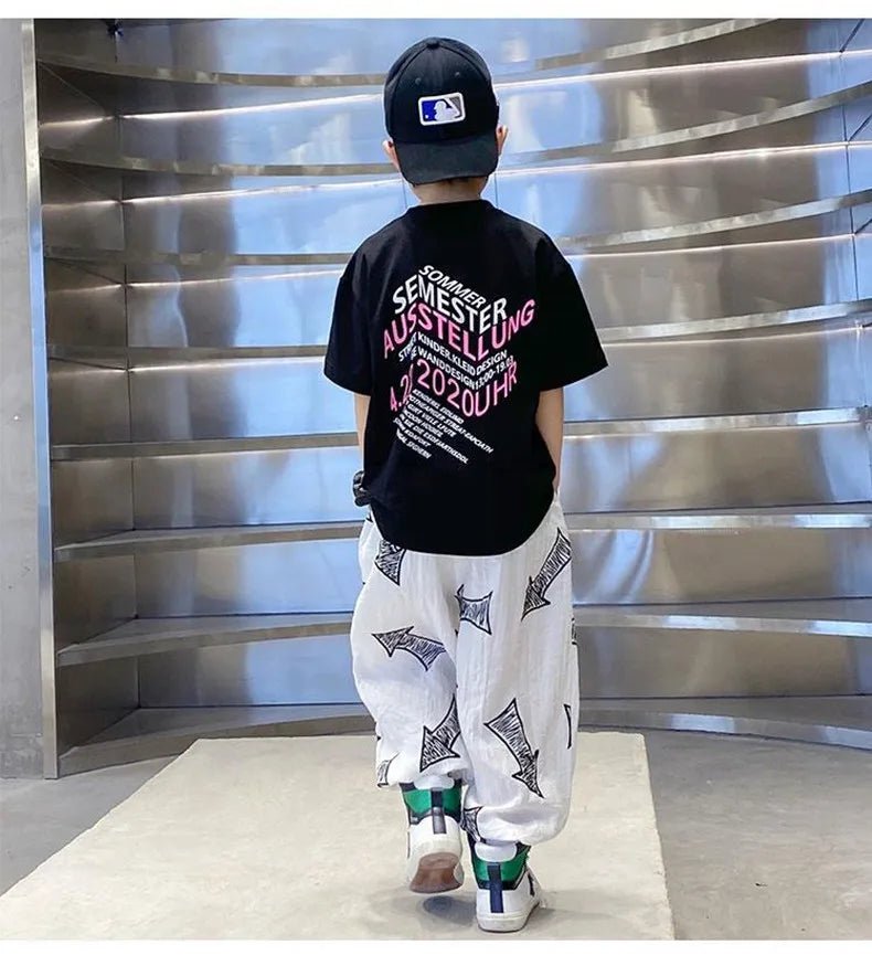 Children's Summer Set Korean Version Boy Hip Hop Loose Short Sleeve T-shirt Casual Mosquito Pants 2-piece Set - Mom & Kids